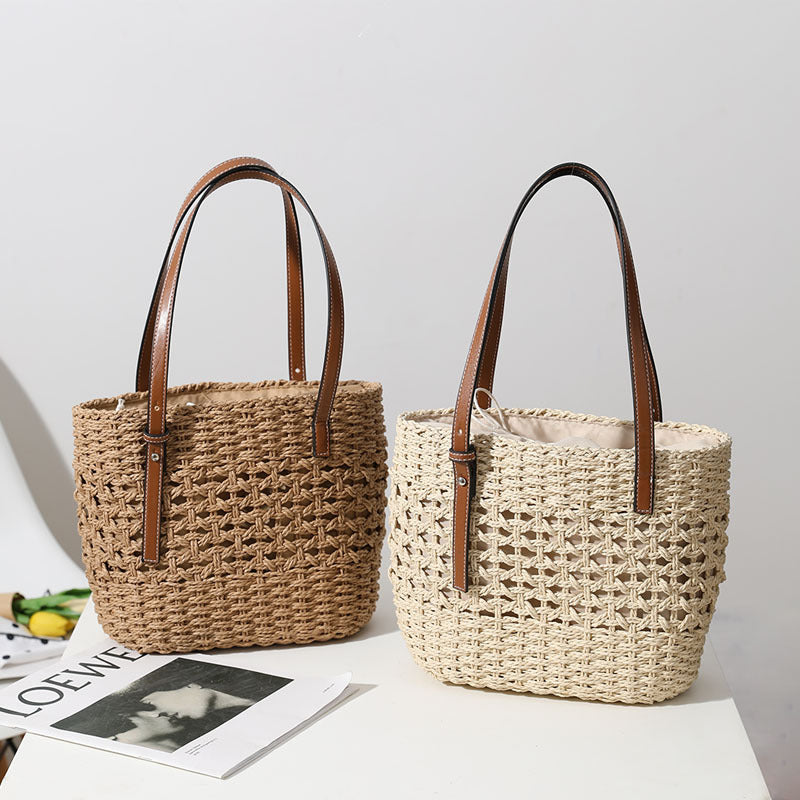 Bolso tejido de paja para mujer, bolso de paja hecho a mano con recortes, bolso tejido, bolso de hombro, bolso tejido de paja portátil, bolso de playa para vacaciones en la playa 