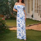 Mesh off Shoulder Dress Sexy Printed Waist Controlled Slimming Maxi Dress SUNSHINE