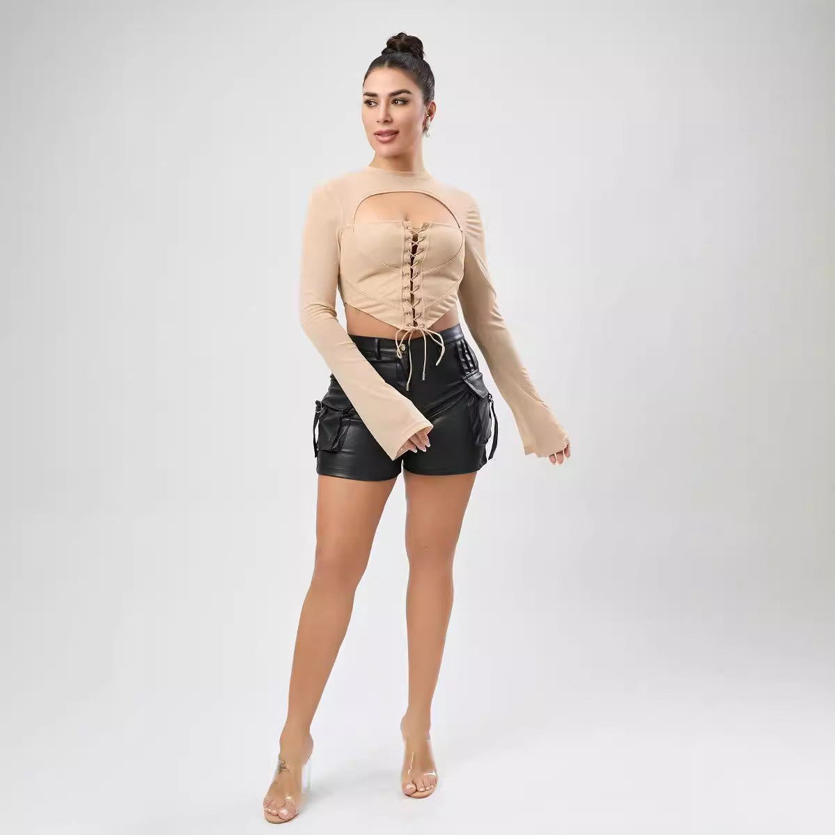 Top corto ajustado de malla con tirantes y cuello medio alto, informal, sin espalda, de color sólido, sexy, para mujer, para otoño