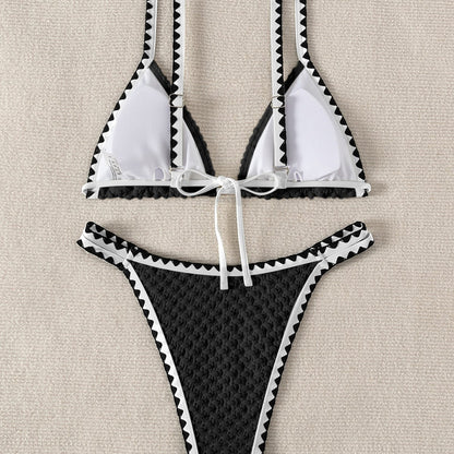 Traje de baño bikini de tela especial de color sólido festoneado para mujer, sexy, dividido, para vacaciones