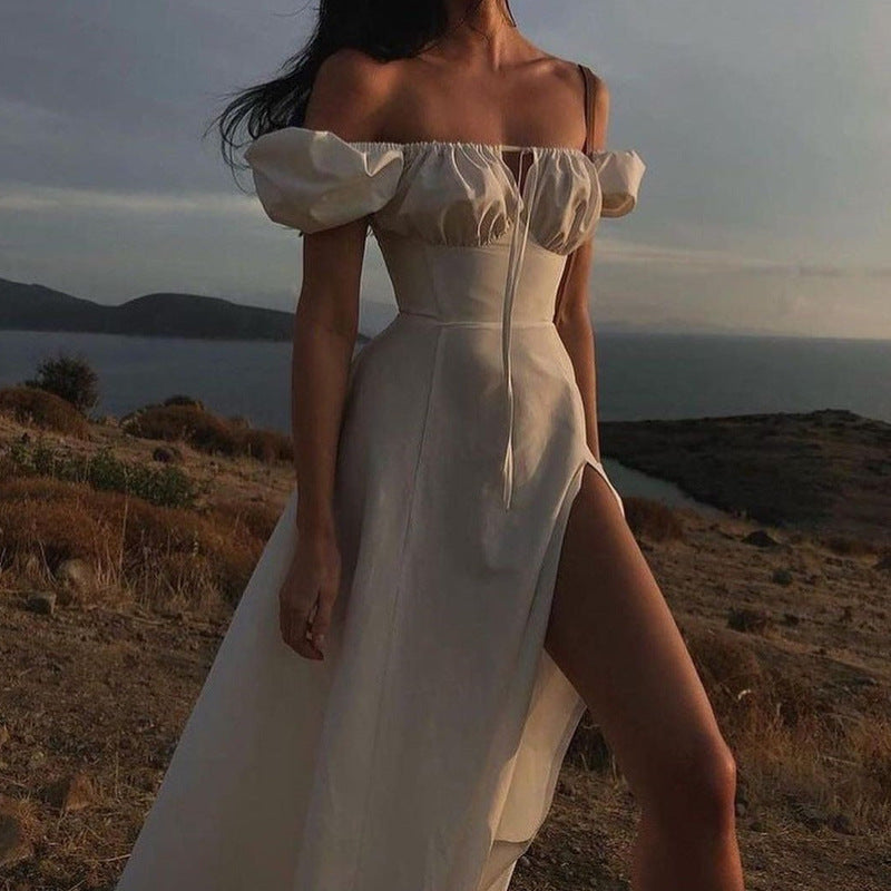 Summer French Dress Women Clothing Puff Sleeve Lace Up Slim Fit Dress Romance
