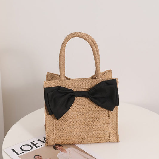Sac en paille à nœud mignon, sac en paille portable pour fille mignonne, sac tissé, sac de plage pour vacances en bord de mer 