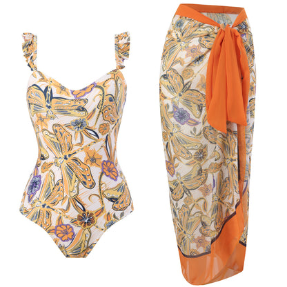Traje de baño de una pieza con borde volador para mujer, estilo retro, para adelgazar el vientre, vestido de playa de gasa.