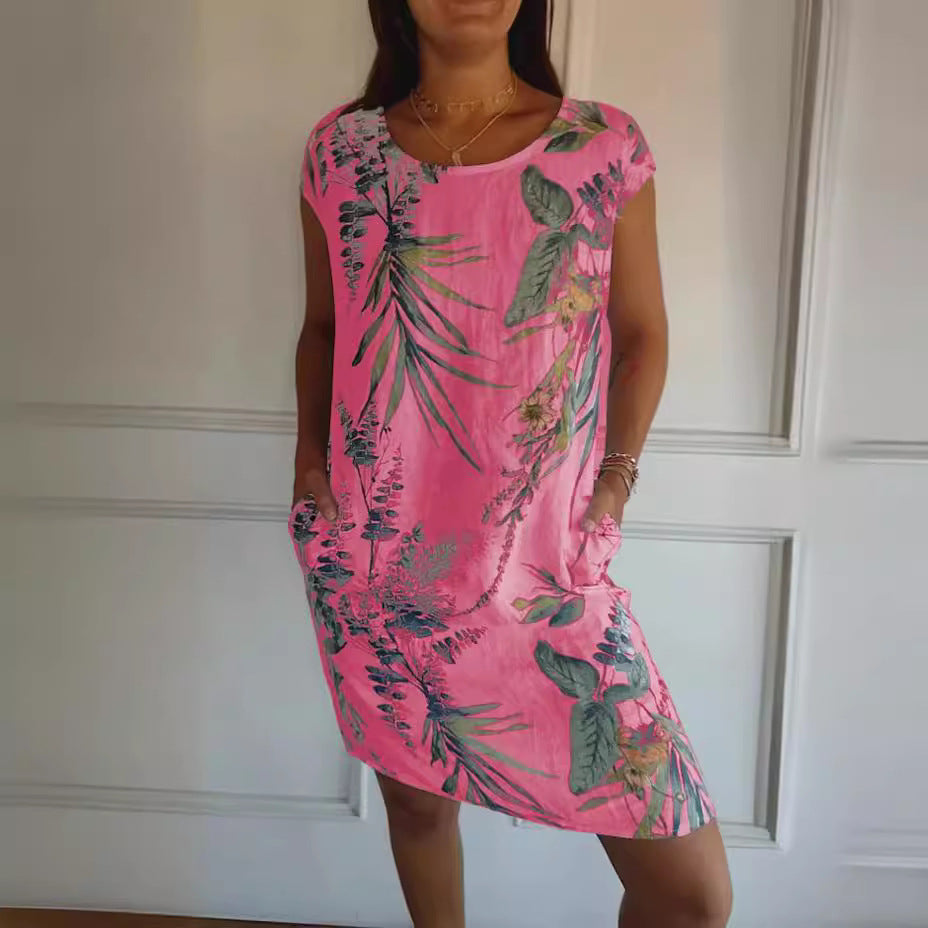 Women Clothing Summer Cotton Linen round Neck Printed with Pocket NICE