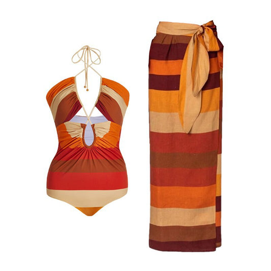 Traje de baño de una pieza con vendaje para mujer, ajustado, vintage, a rayas, primavera, conjunto de falda de gasa