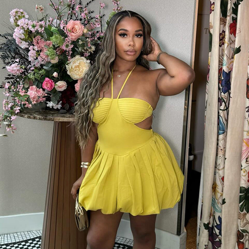 Vestido corto de otoño con cuello halter, espalda descubierta y cintura alta, estilo halter, para mujer