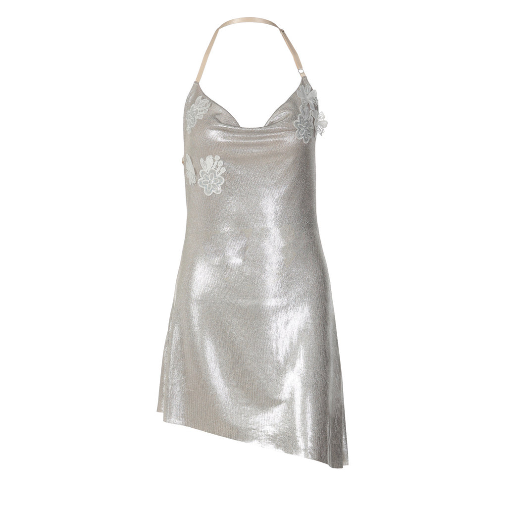 Spring Women Clothing Halter Swing Collar Sexy Backless Bronzing Slim Dress LEKINS