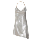 Spring Women Clothing Halter Swing Collar Sexy Backless Bronzing Slim Dress LEKINS