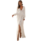 Women Clothing Summer Office Slimming White Long Sleeve Solid Color Dress PINCHA