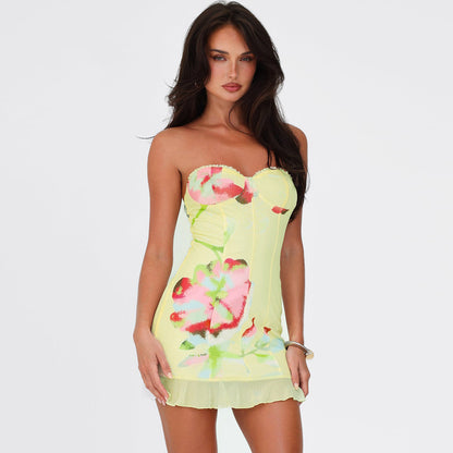 Spring Printed Sleeveless Tube Top Short Slim Sheath Dress Women