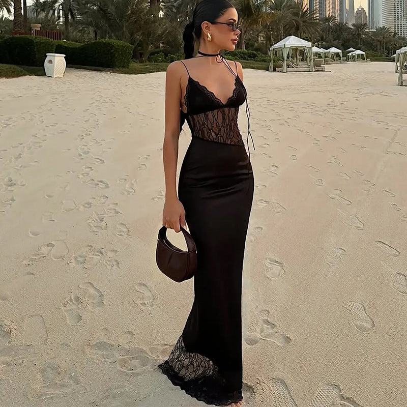 Spring Women Clothing Slim Fit Tied Low Collar Sexy Mesh Stitching Lace Dress Women YIMAIL