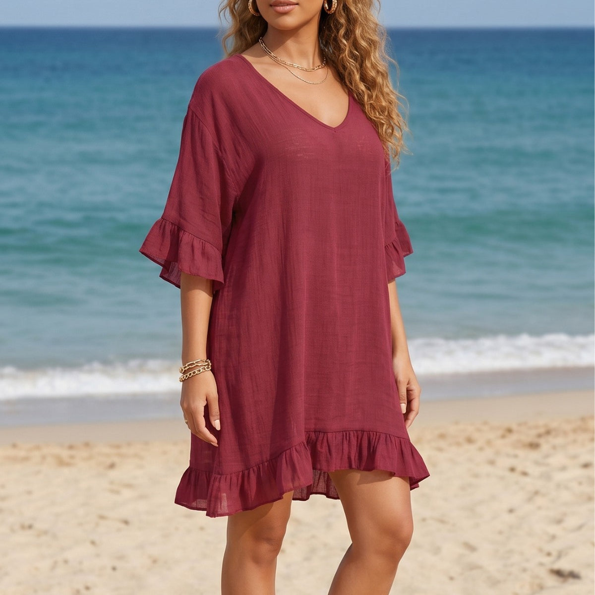 Beach Women Dress Clothing Sexy Backless Deep V Plunge Ruffled Beach Dress Loose Bikini Oyimi