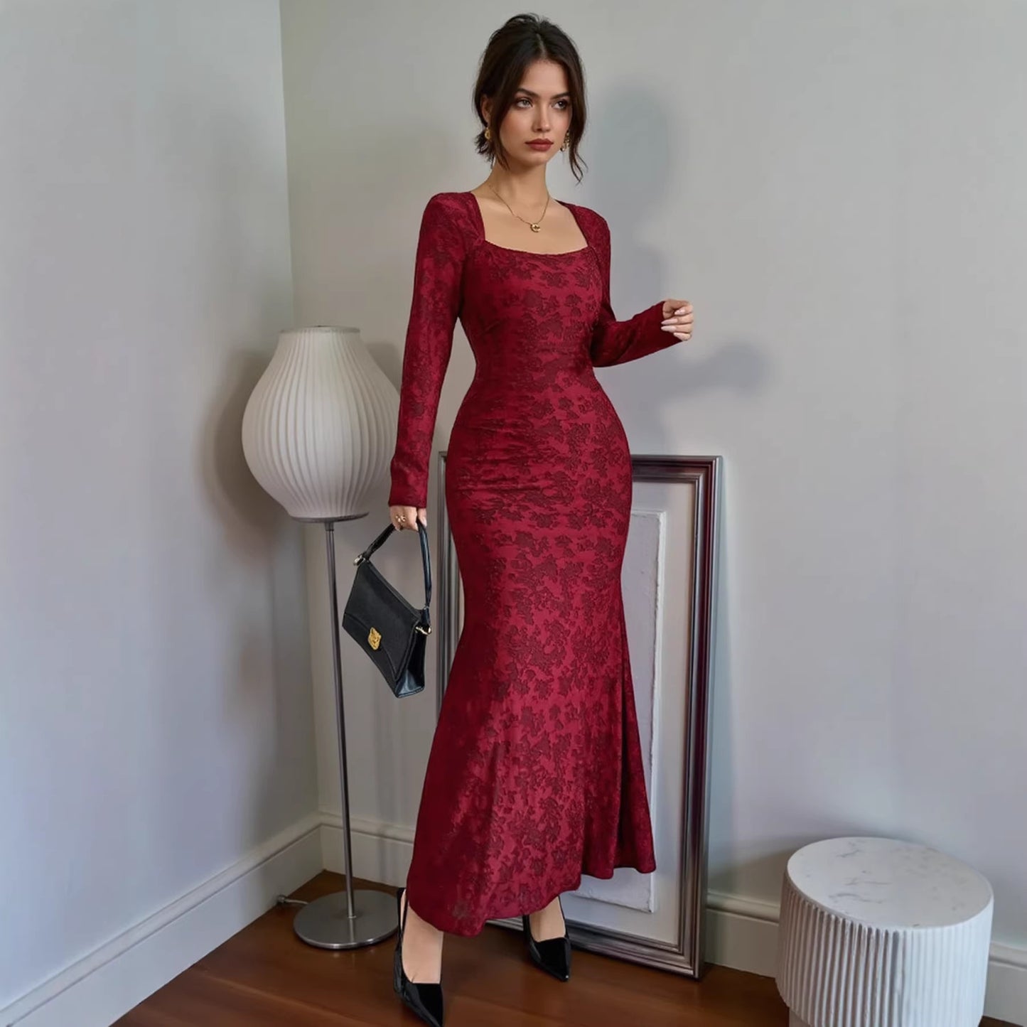 Spring Dress Elegant Slim Fit Square Collar Lace Long Sleeve Dress George