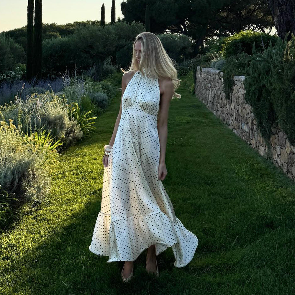 French Halter Polka Dot Satin Dress Sexy Elegant Backless Waist Trimming Dress