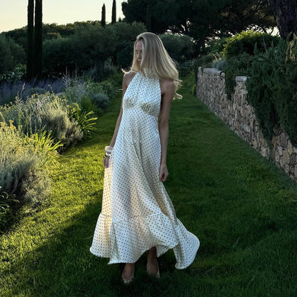 French Halter Polka Dot Satin Dress Sexy Elegant Backless Waist Trimming Dress