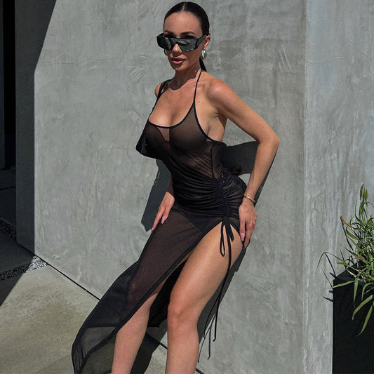 Vestido ajustado de verano con abertura y malla transparente para mujer