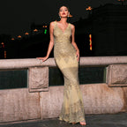 Robe de soirée fourreau à paillettes, sans manches, col en V, coupe ajustée, style cocktail, queue de poisson