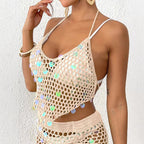 Ladies Vacation Beach Blouse Women Clothing Sequin Stitching Pure Hand Crocheting Irregular Asymmetric Camisole Sexy Bikini Top Oyimi