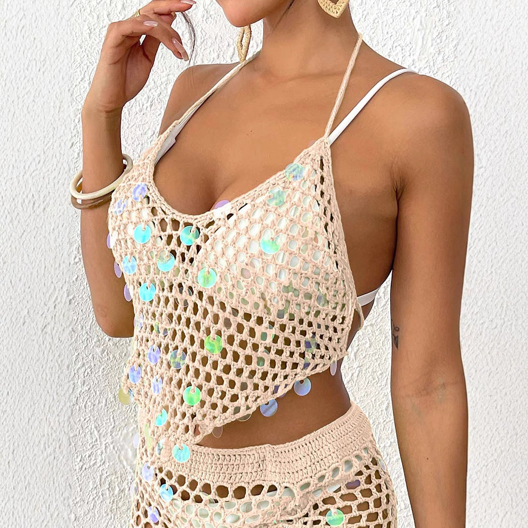 Ladies Vacation Beach Blouse Women Clothing Sequin Stitching Pure Hand Crocheting Irregular Asymmetric Camisole Sexy Bikini Top Oyimi