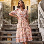 Summer Retro Women Pink Wooden Ear Printed Midi Dress Jeme