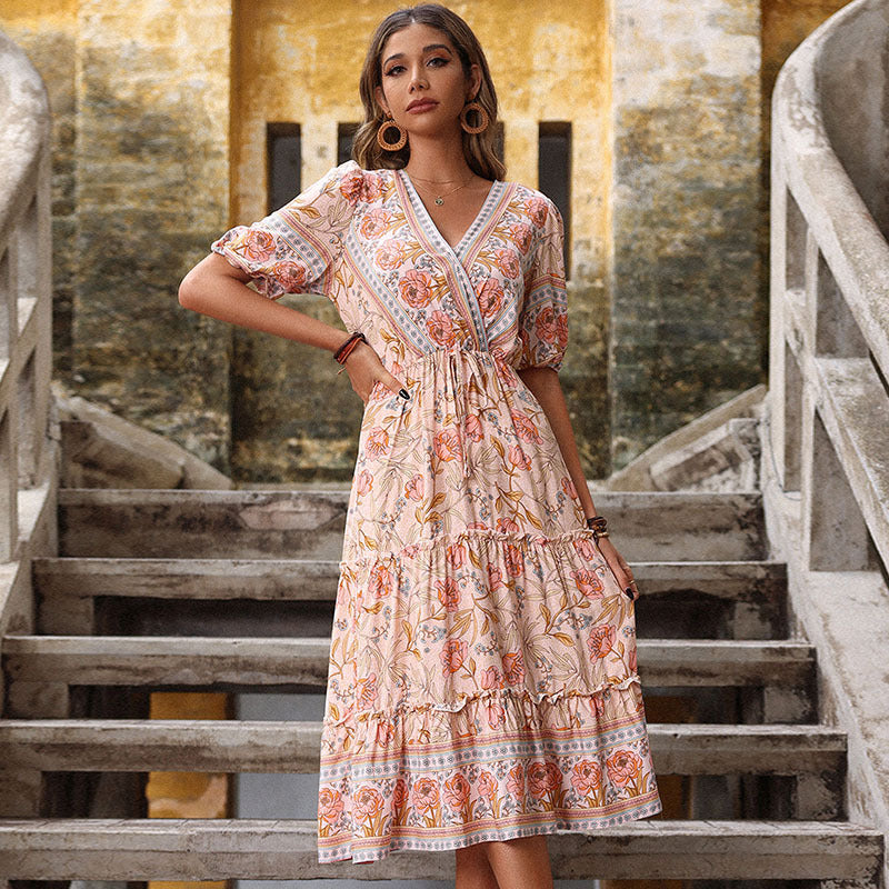 Summer Retro Women Pink Wooden Ear Printed Midi Dress Jeme