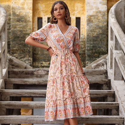 Summer Retro Women Pink Wooden Ear Printed Midi Dress Jeme