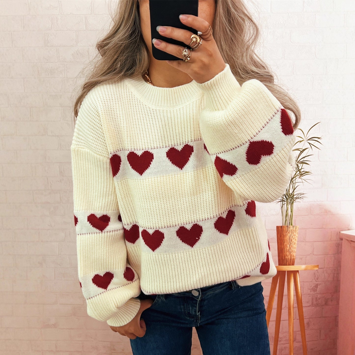 Suéter de oficina holgado e informal con cuello redondo y corazón de punto en contraste de color para otoño e invierno para mujer