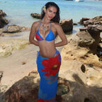 Split Three Piece Set Lace up Sexy Print Long Skirt Bikini Swimsuit for Women