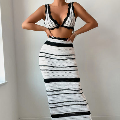 Women Striped Texture Vacation Casual Sexy Beach Bikini Skirt Two Piece Sets