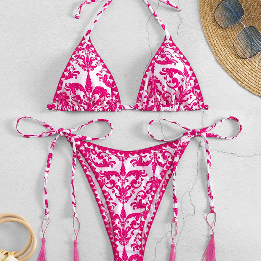 Traje de baño para mujer, bikini sexy con espalda descubierta y tirantes finos con estampado