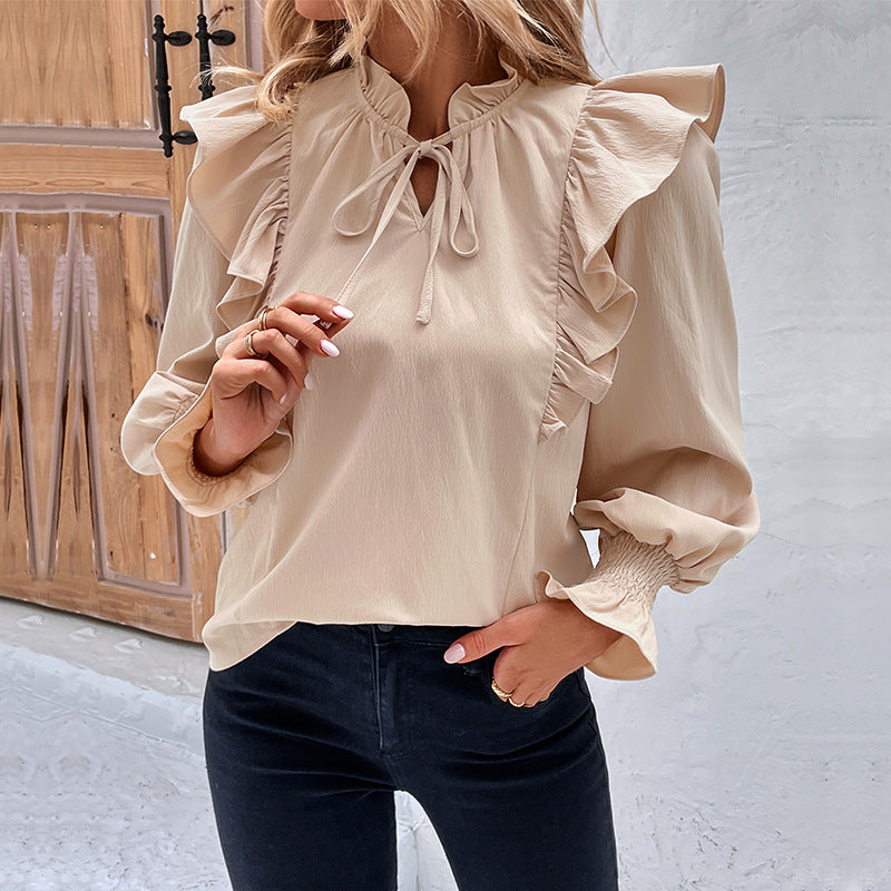 Ropa de mujer Camisa de manga larga con volantes de color liso de primavera para mujer