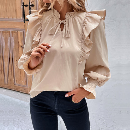 Ropa de mujer Camisa de manga larga con volantes de color liso de primavera para mujer