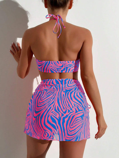 Traje de baño para mujer, bikini de tres piezas con estampado de rayas y abertura.