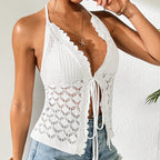 Beach Vacation Sexy Knitted Lace up Cutout Cardigan Seaside Blouse Short Top Tidee