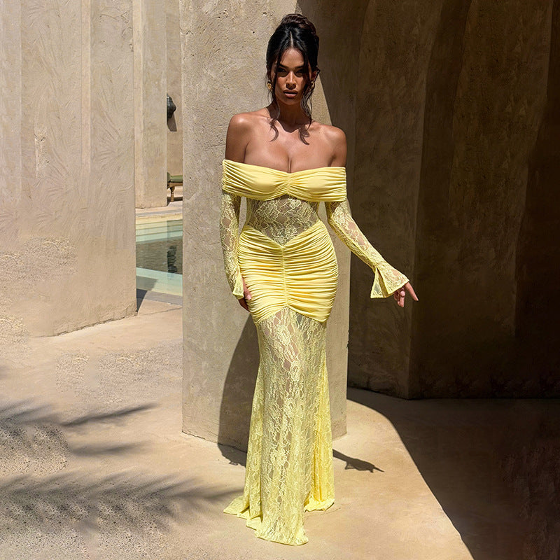 Women Clothing Summer Lace Stitching off Shoulder Slit Long Sleeve Dress Maxi Dress for Women COORAL