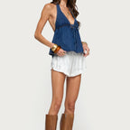 Women Clothing Sexy Dark Halter Lace up Deep V Plunge Denim Top Vest Eedele