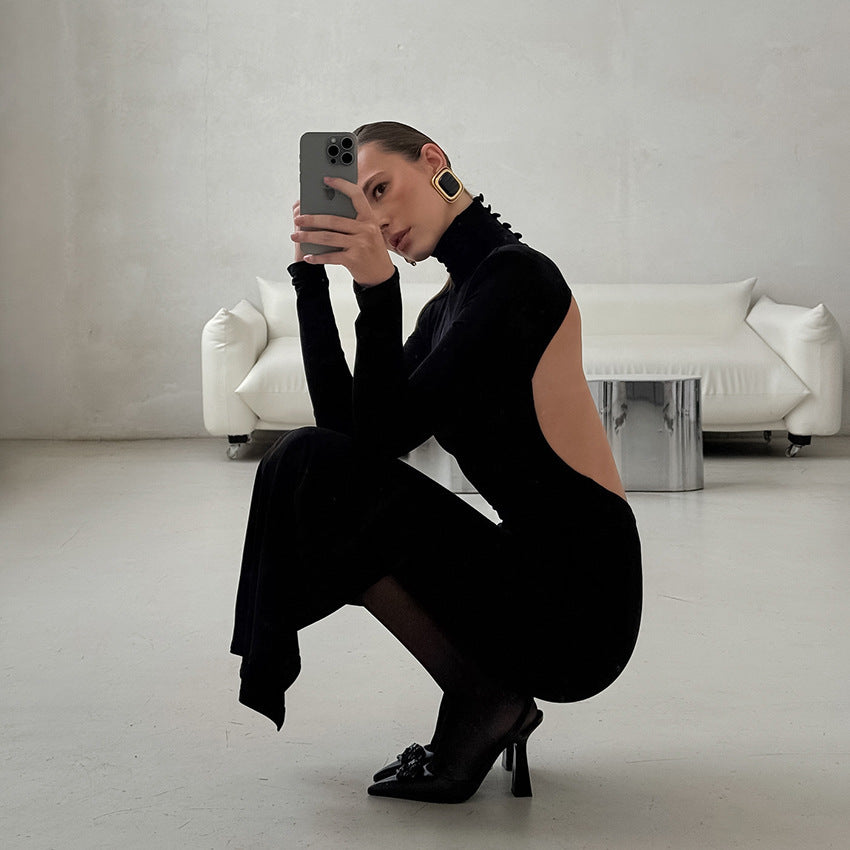 Spring Elegant Black Sexy Backless Knitted Slim Fit Long Sleeved Turtleneck Dress for Women FOREVEREIGHTEEN
