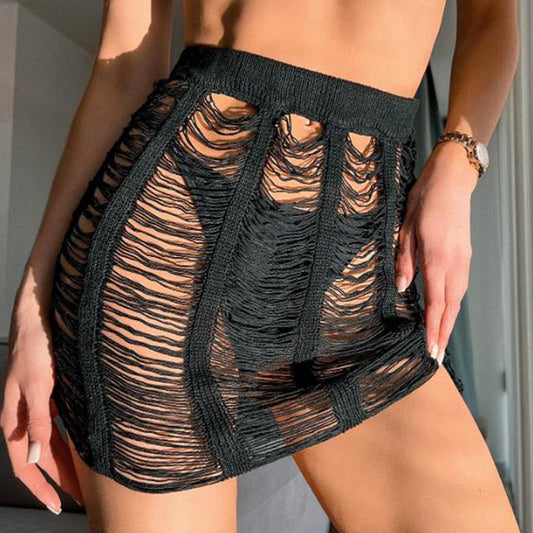 Woven Hollow Out Cutout Out Beach Skirt Bikini Seaside Vacation Sexy Tassel Skirt