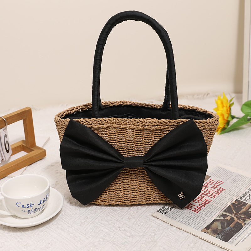 Mori Bow Straw Bag Portable Simplicity Hand Woven Bag Seaside Vacation Beach Bag Rattan Weave Bag EaseWoven