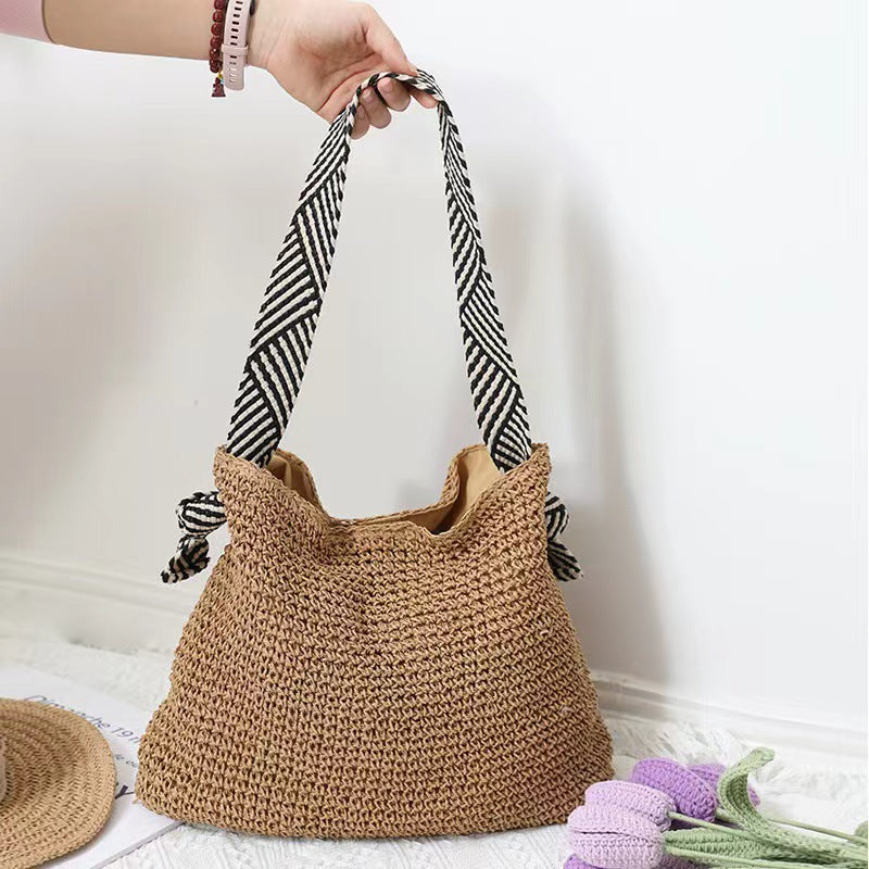 Bag Striped Wide Ribbon Shoulder Straw Bag Woven Bag Vacation Beach Bag EaseWoven