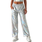 Pantalones casuales de tela con revestimiento metálico para mujer, diseño de calle, pantalones rectos de cintura alta con degradado láser Aurora, pantalones elásticos a juego.