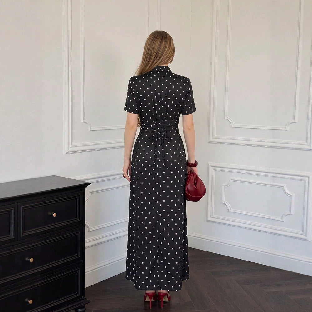 Autumn Ladies Slim Chinese Polka Dot Short Sleeve Dress Buckle Design YILINE