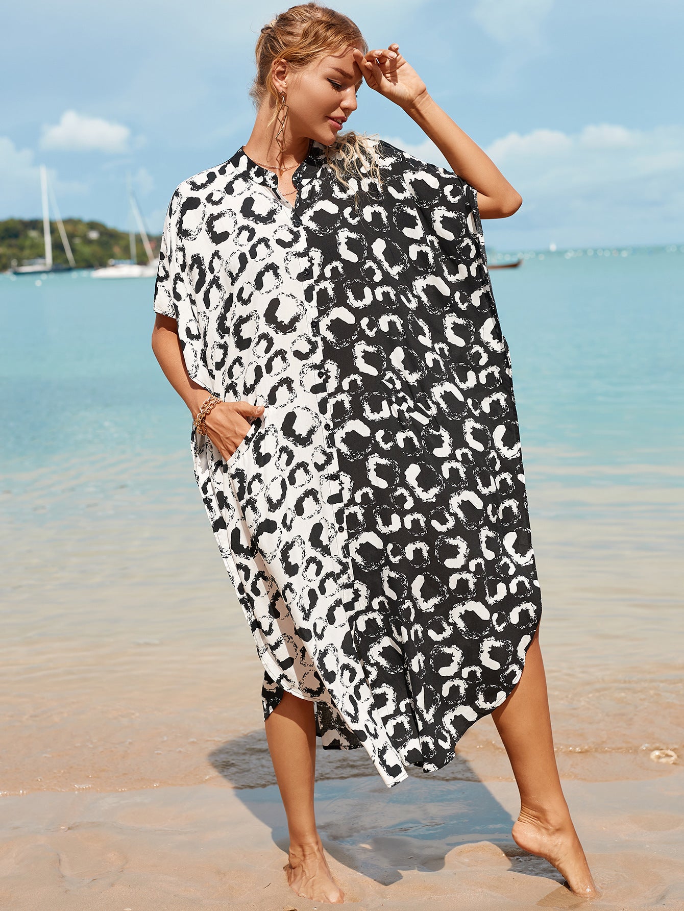 Cárdigan largo holgado con estampado de rayón para vacaciones, informal, para playa, bikini