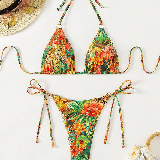 Traje de baño Bikini estampado Bikini sexy para mujer Traje de baño con cordones Halter Anillo dividido