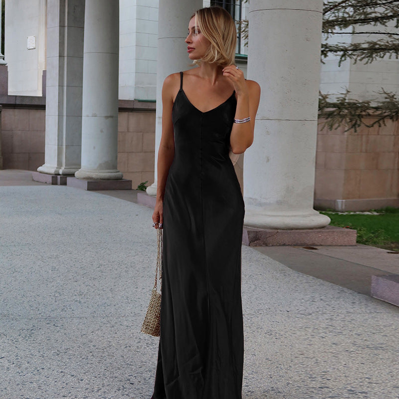 Fall Maxi Dress Socialite Sexy V neck Backless Satin Strap Dress EFFISEN