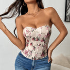 Corset sexy décolleté dos nu, bustier fleuri, baleines en losanges, gilet