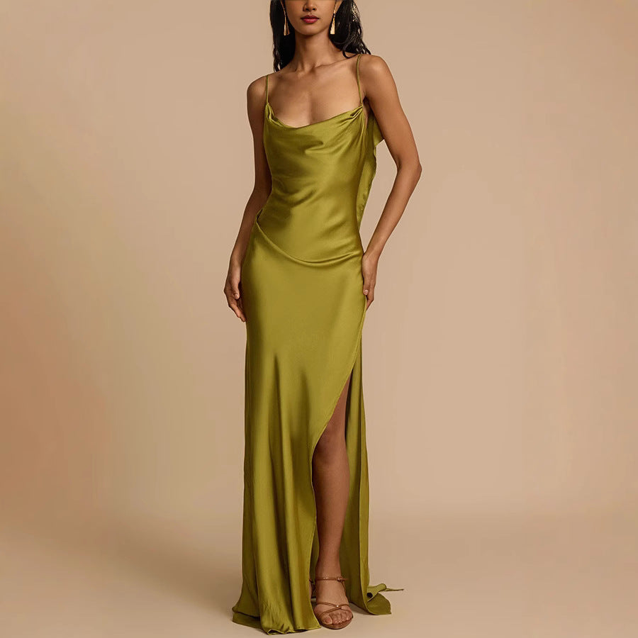 Spring Summer Suspender Split Dress Casual Loose Vacation Satin Dress Oyrina