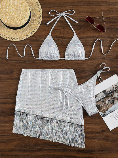 Swimwear Three Piece Set Tassel Edge Sexy Tight Lace up Swimsuit Women Hip Wrapped Bikini Suit