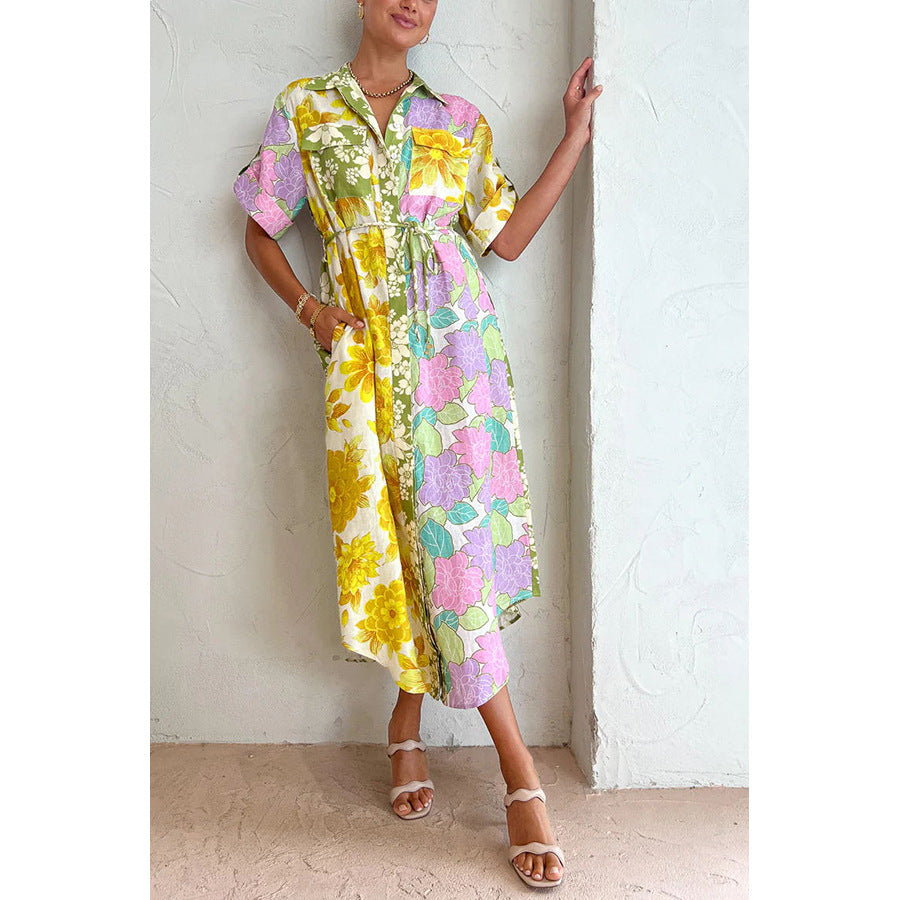 Spring Summer Loose Vacation Dress Casual Short Sleeve Lace up Pocket Dress Oyrina