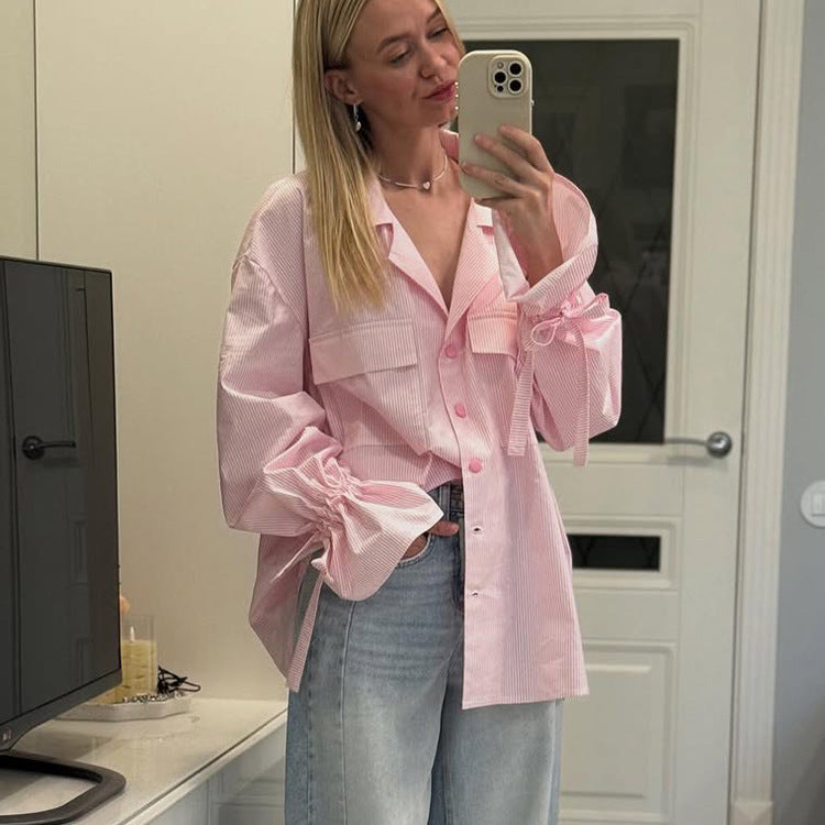 Camisa francesa de oficina a rayas de moda para mujer, camisa con cuello, mangas acampanadas y bolsillos sueltos, con estampado de primavera y otoño